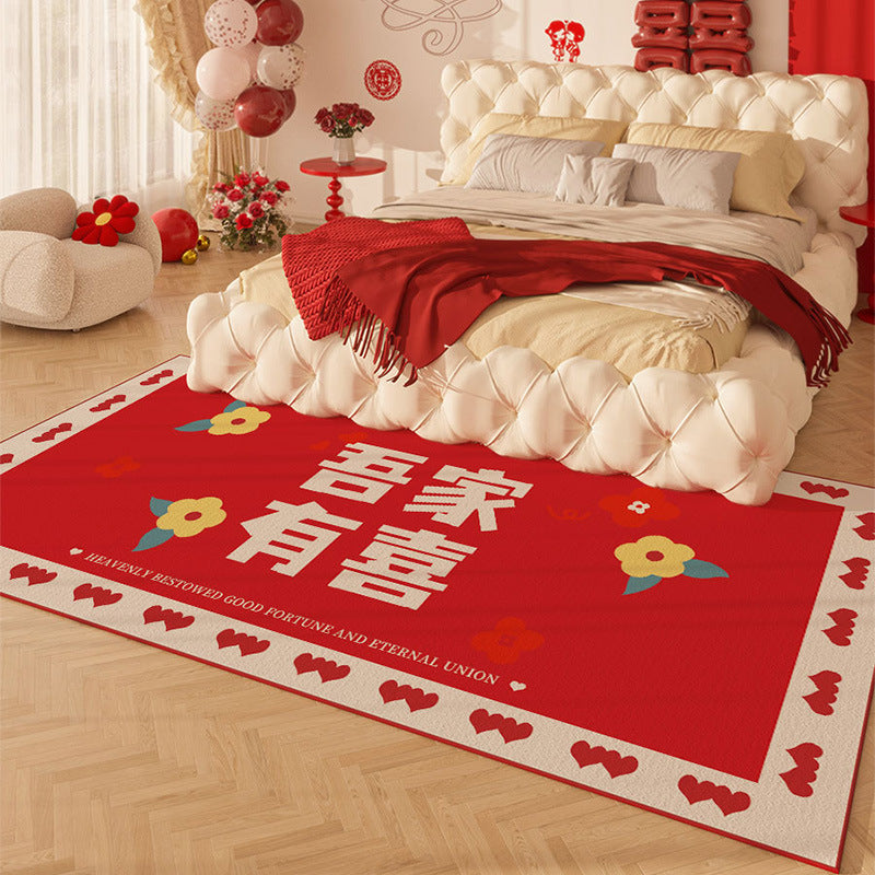 Red Wedding Bedside Rug – Festive Non-Slip Carpet for Bridal Room