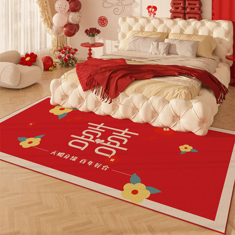 Red Wedding Bedside Rug – Festive Non-Slip Carpet for Bridal Room