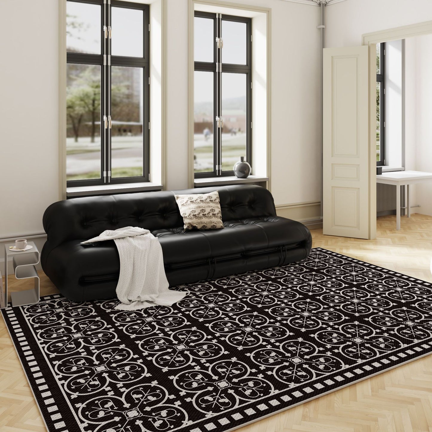 Modern Floral Rug – Black, French-Inspired Rug