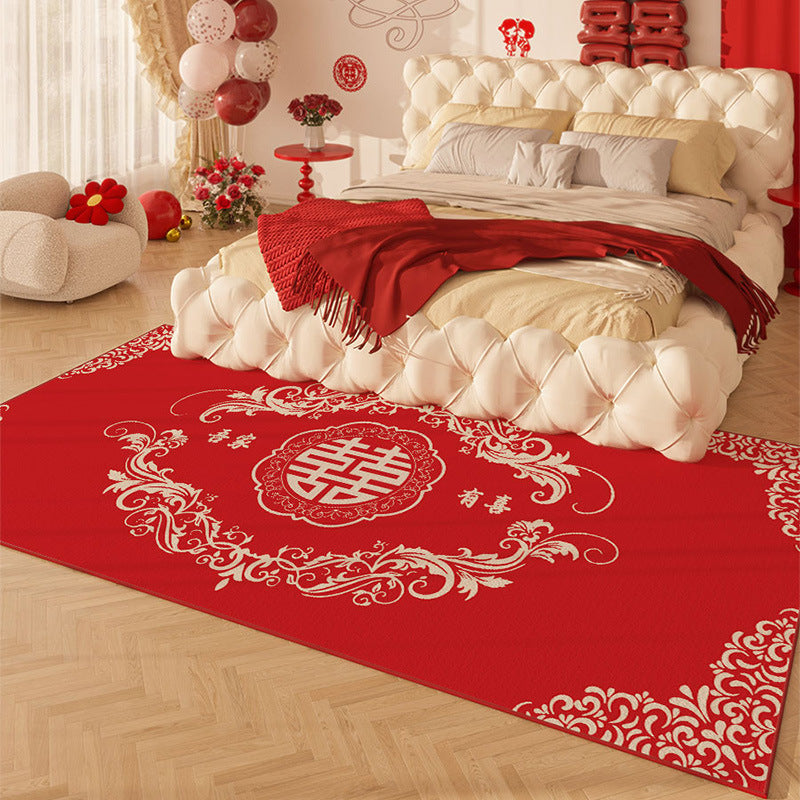 Red Wedding Bedside Rug – Festive Non-Slip Carpet for Bridal Room