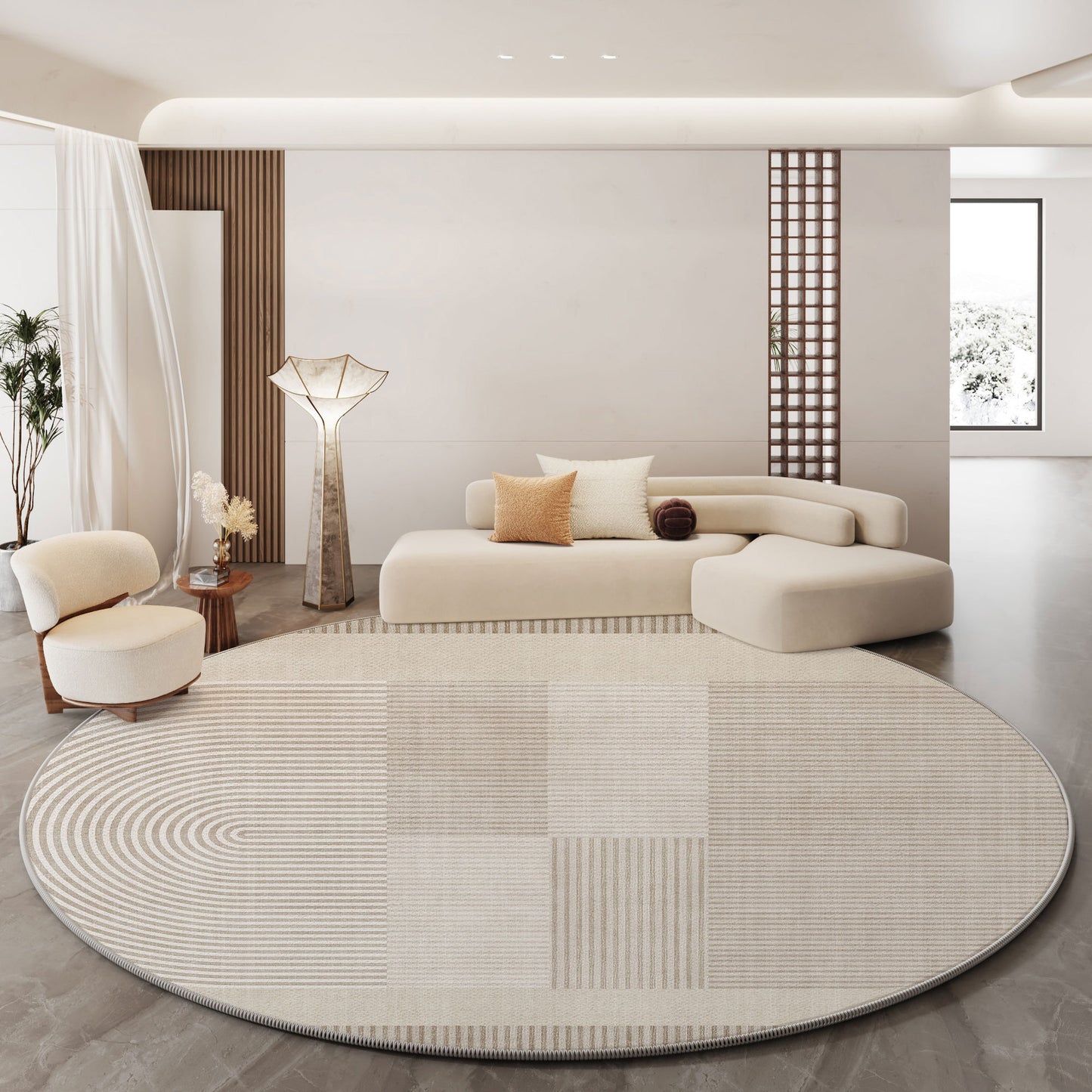 Round French Luxury Carpet – Soft Loop Pile, Non-Slip Cream Color
