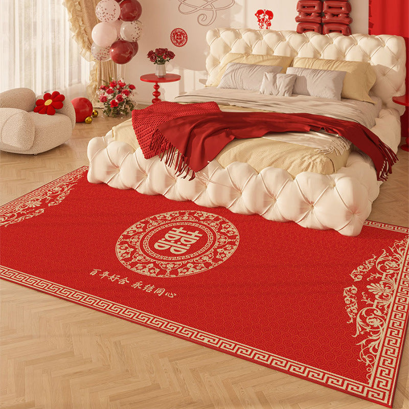 Red Wedding Bedside Rug – Festive Non-Slip Carpet for Bridal Room