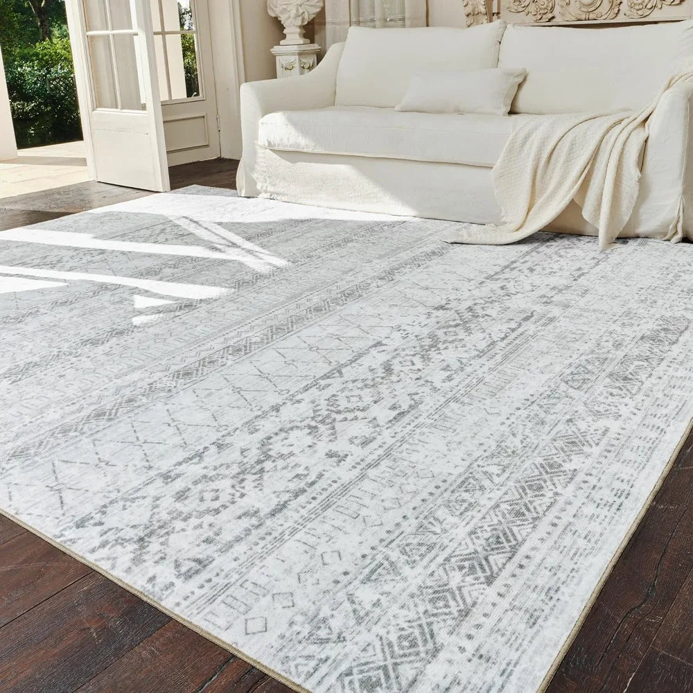 Machine Washable Boho Moroccan Distressed Neutral Soft Indoor Rug