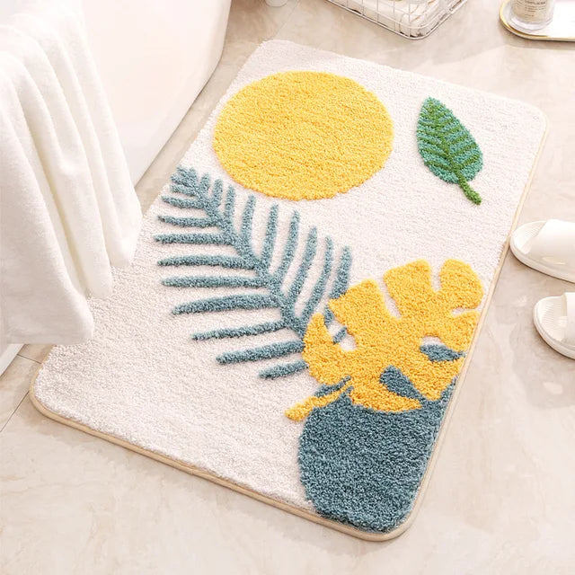 Non-Slip Bath Mat Rug Boho Plant Art Abstract Leaves Bathroom Rug