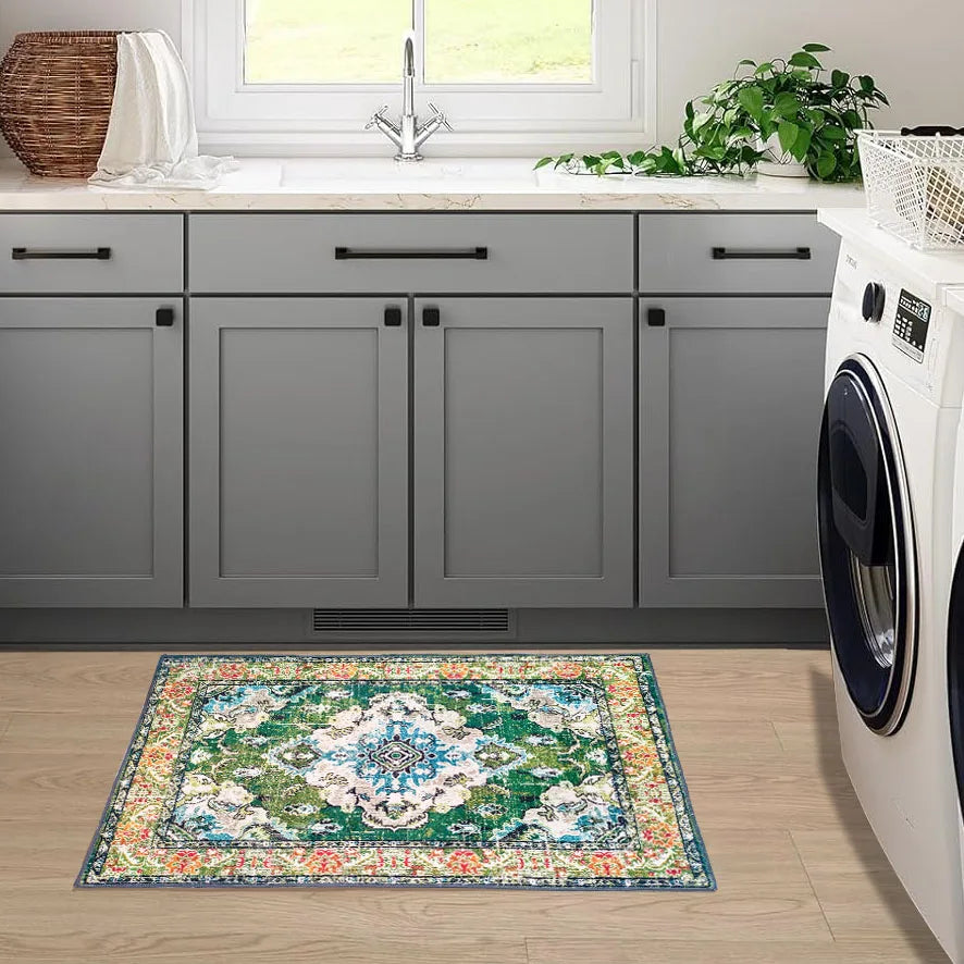 Washable Rug for Entryway Indoor Non Slip Green Kitchen Rug