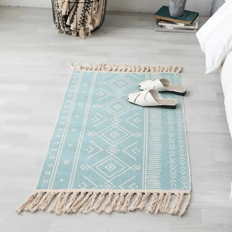 Retro Bohemian Hand Woven Cotton Linen Geometric  Tassel Bedside Rug