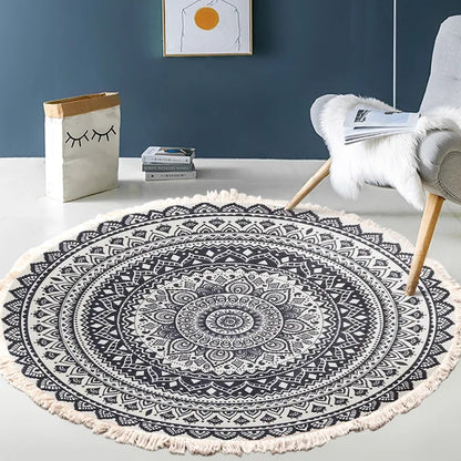 Hand Woven Cotton Linen Retro Bohemian Round Bedside Geometric Rug