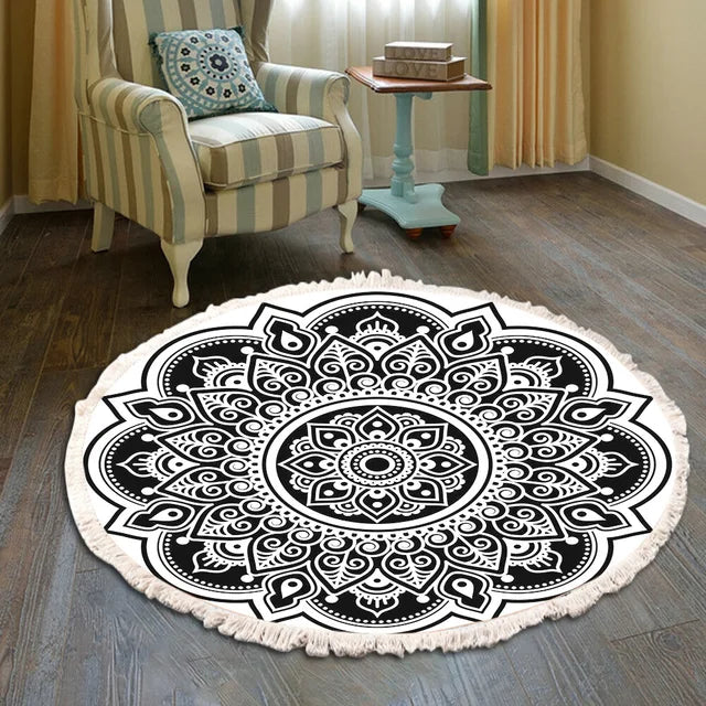 Hand Woven Cotton Linen Retro Bohemian Round Bedside Geometric Rug