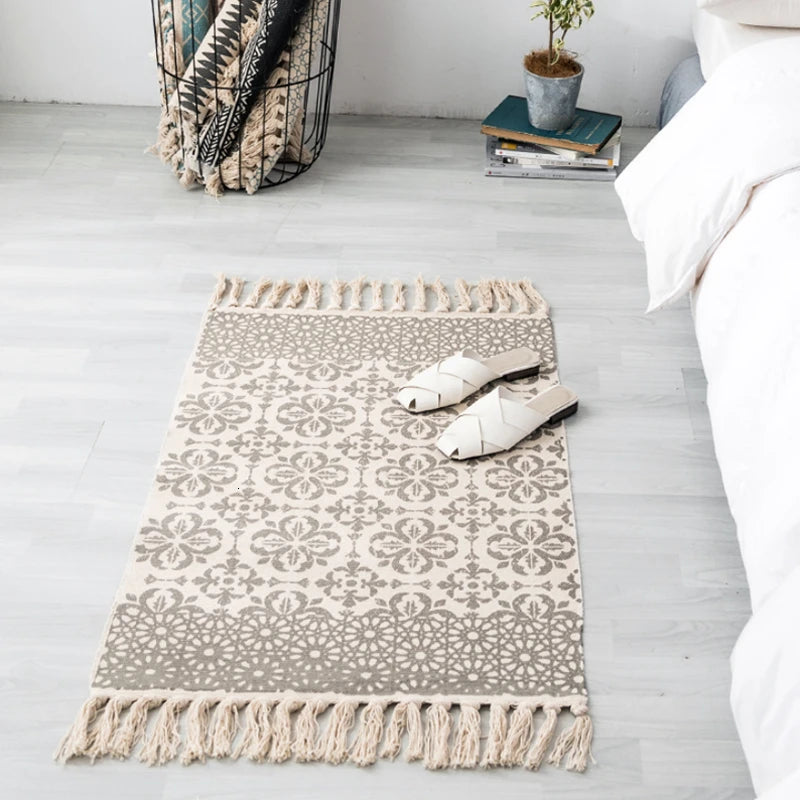 Retro Bohemian Hand Woven Cotton Linen Geometric  Tassel Bedside Rug