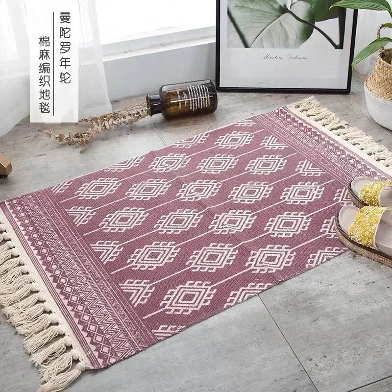 Hand Woven Home Entrance Hall Doormat Cotton Linen Carpet