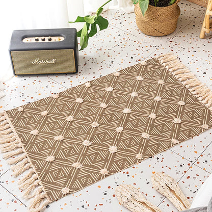 Hand Woven Cotton Retro Bohemian  Linen Tassel Geometric Rug