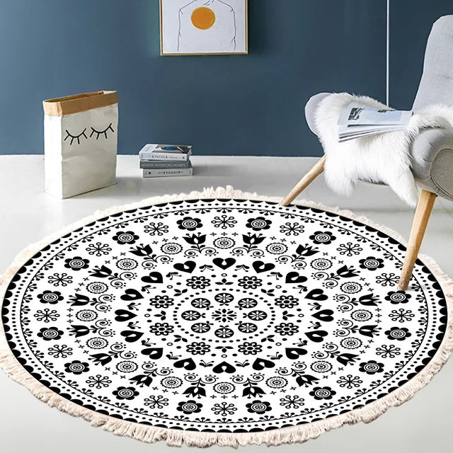 Hand Woven Cotton Linen Retro Bohemian Round Bedside Geometric Rug