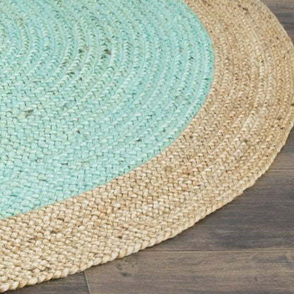 Round Turquoise Design 100% Natural Jute Hand Braided Rug