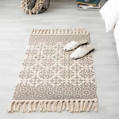 Retro Bohemian Hand Woven Cotton Linen Geometric  Tassel Bedside Rug