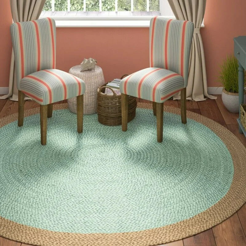 Round Turquoise Design 100% Natural Jute Hand Braided Rug