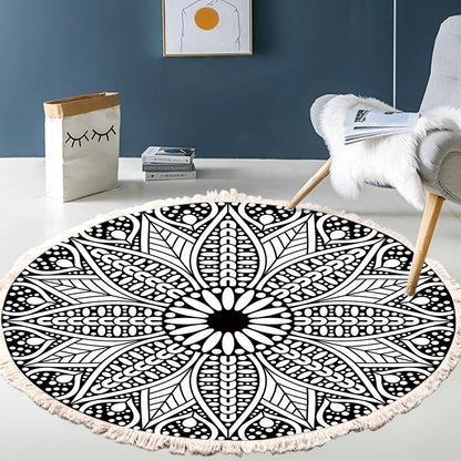 Hand Woven Cotton Linen Retro Bohemian Round Bedside Geometric Rug