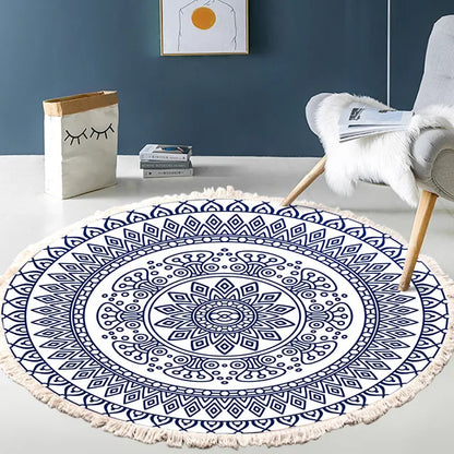 Hand Woven Cotton Linen Retro Bohemian Round Bedside Geometric Rug