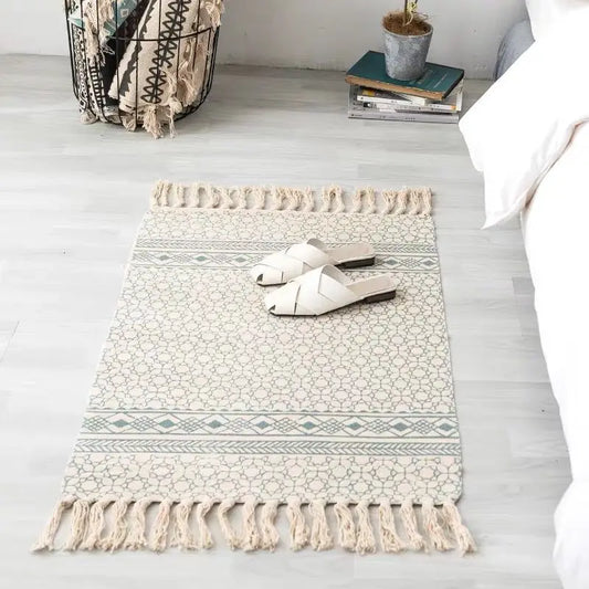 Retro Bohemian Hand Woven Cotton Linen Geometric  Tassel Bedside Rug