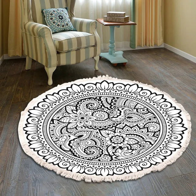 Hand Woven Cotton Linen Retro Bohemian Round Bedside Geometric Rug