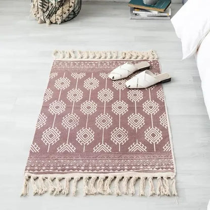 Retro Bohemian Hand Woven Cotton Linen Geometric  Tassel Bedside Rug