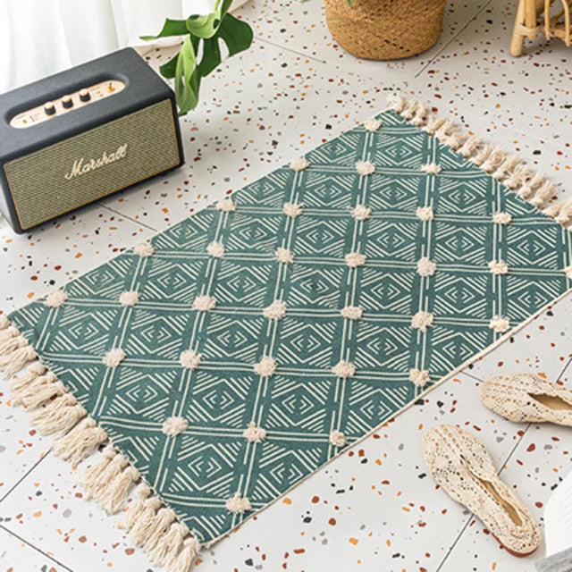 Hand Woven Cotton Retro Bohemian  Linen Tassel Geometric Rug