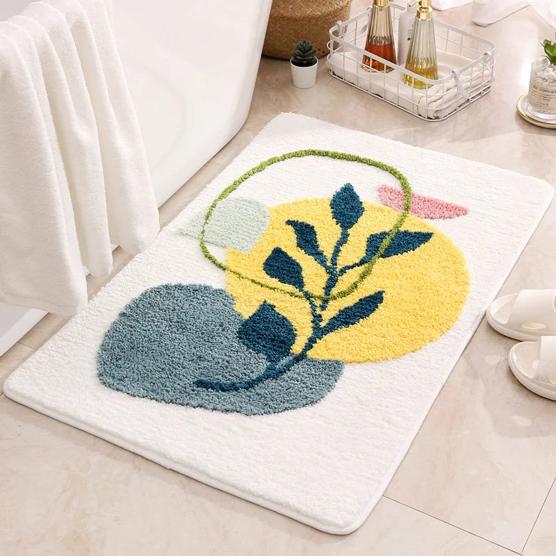 Non-Slip Bath Mat Rug Boho Plant Art Abstract Leaves Bathroom Rug