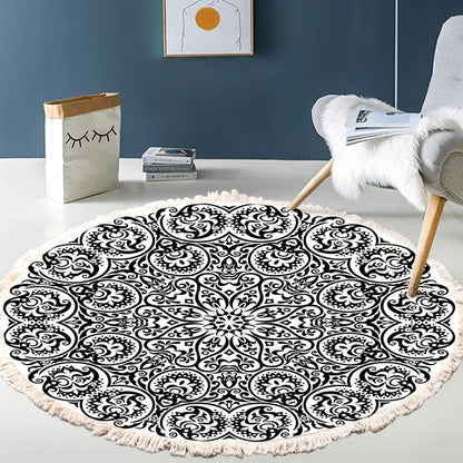 Hand Woven Cotton Linen Retro Bohemian Round Bedside Geometric Rug