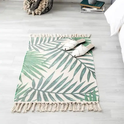 Retro Bohemian Hand Woven Cotton Linen Geometric  Tassel Bedside Rug