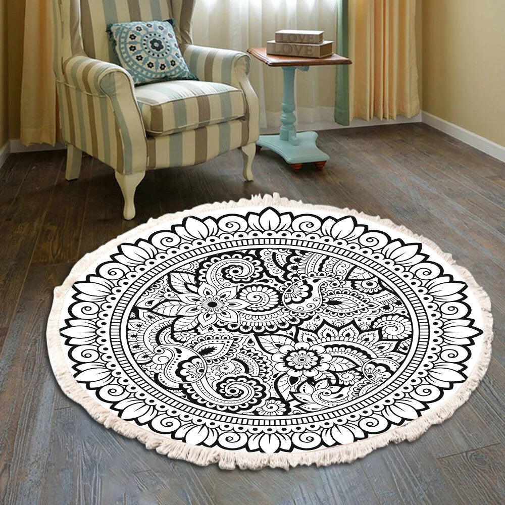 Hand Woven Cotton Linen Retro Bohemian Round Bedside Geometric Rug