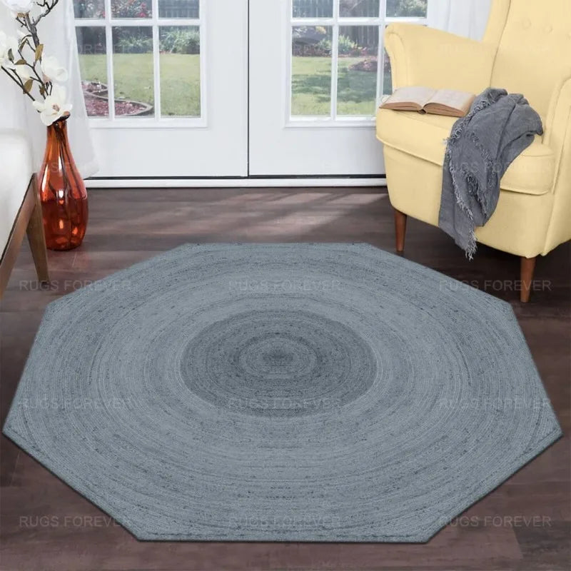 Gray Hand Braided Jute Area Rug Living Room Octagon Rug