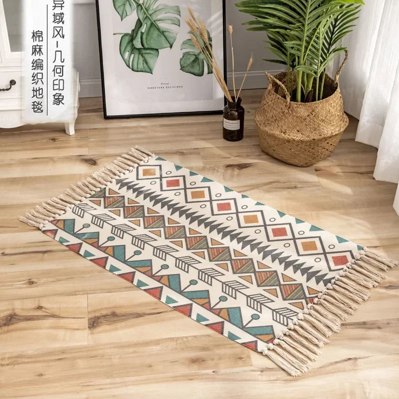 Nordic Cotton Washable And Linen Knit Ethnic Style Tassel Small Rug