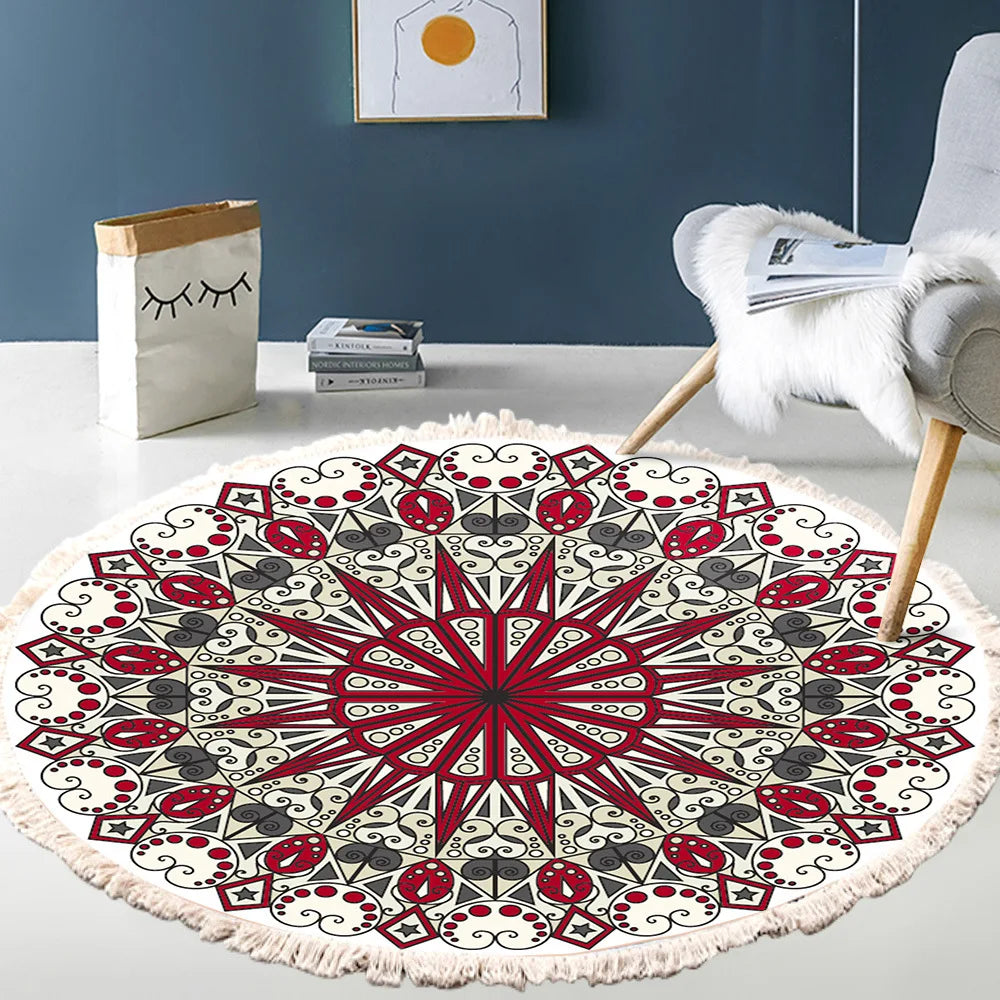 Hand Woven Cotton Linen Retro Bohemian Round Bedside Geometric Rug