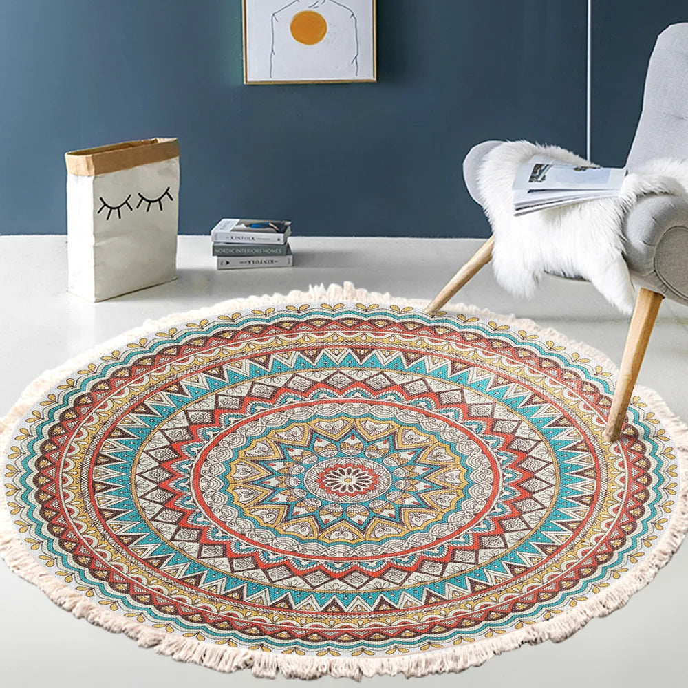 Hand Woven Cotton Linen Retro Bohemian Round Bedside Geometric Rug