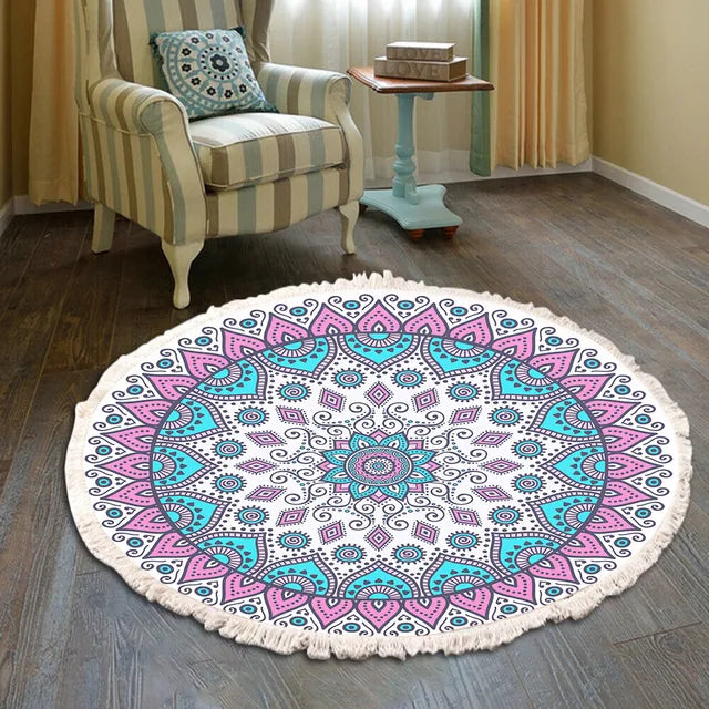 Hand Woven Cotton Linen Retro Bohemian Round Bedside Geometric Rug