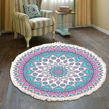 Hand Woven Cotton Linen Retro Bohemian Round Bedside Geometric Rug