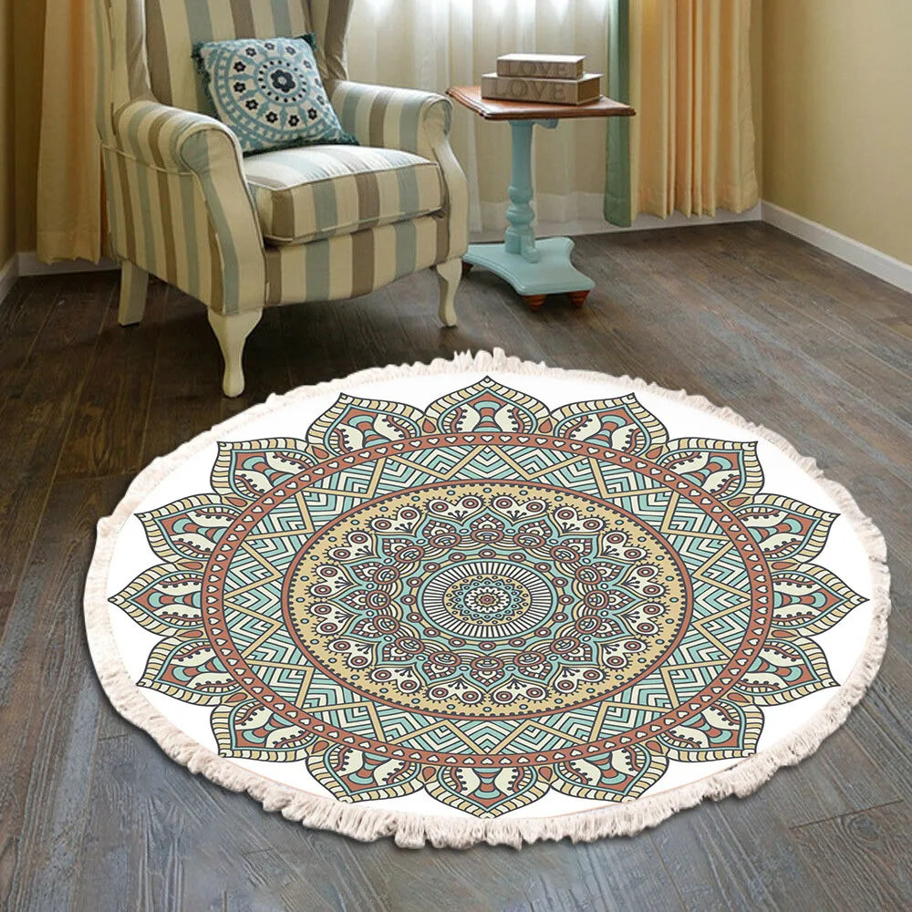 Hand Woven Cotton Linen Retro Bohemian Round Bedside Geometric Rug