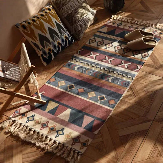 Vintage Plaid Cotton Home Weave Carpets Bohemian Rug For Living Room