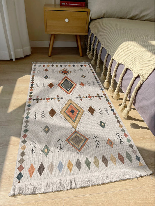 Handwoven cotton linen retro Bohemian style square bedside geometric floor Rug