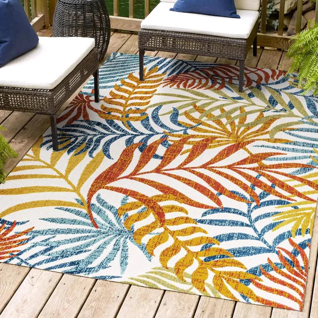 Outdoor Rug 9 X 12ft Easy-Cleaning Palm Leaves Outdoor Area Rug