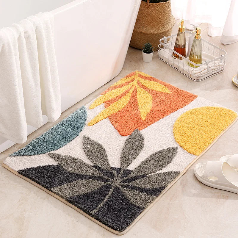 Non-Slip Bath Mat Rug Boho Plant Art Abstract Leaves Bathroom Rug