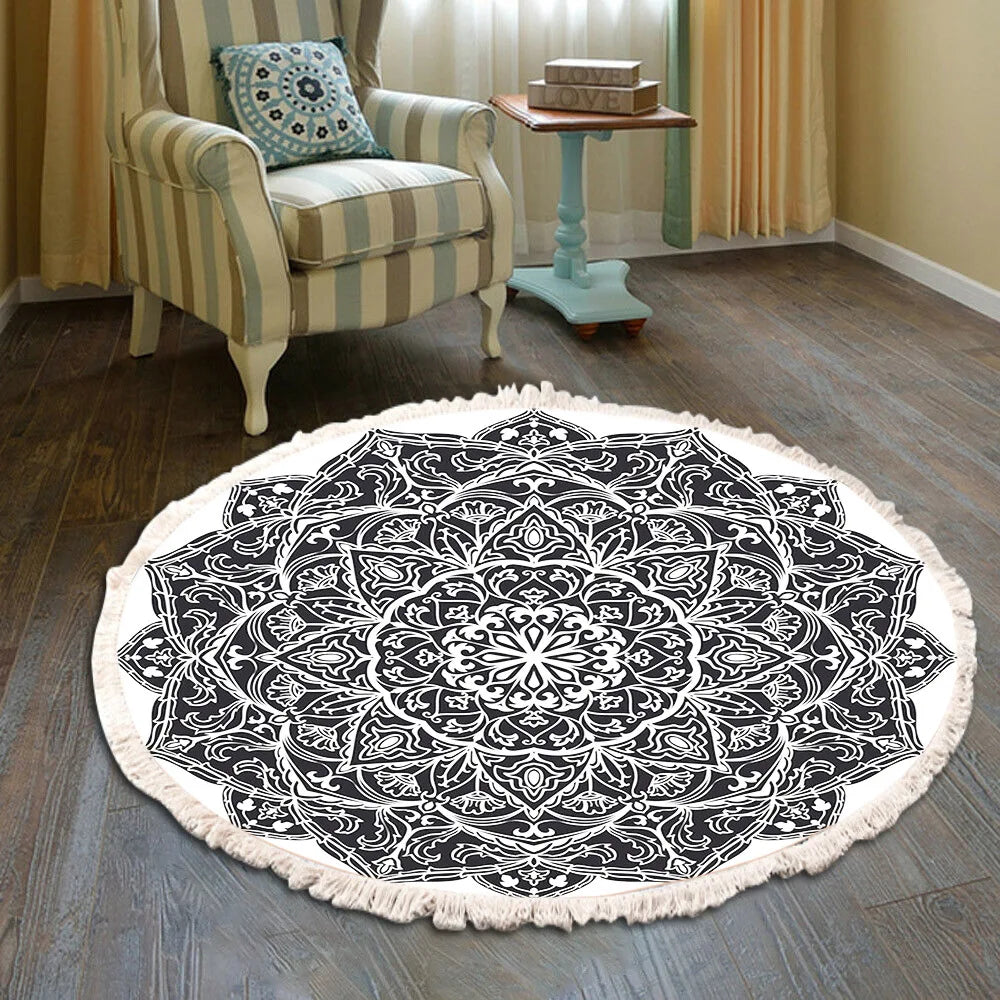 Hand Woven Cotton Linen Retro Bohemian Round Bedside Geometric Rug