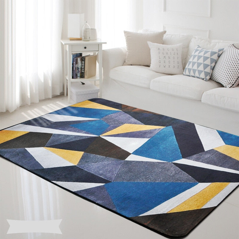 Geometric Nordic Blue Grey Printed Rectangle Non-Slip Rug