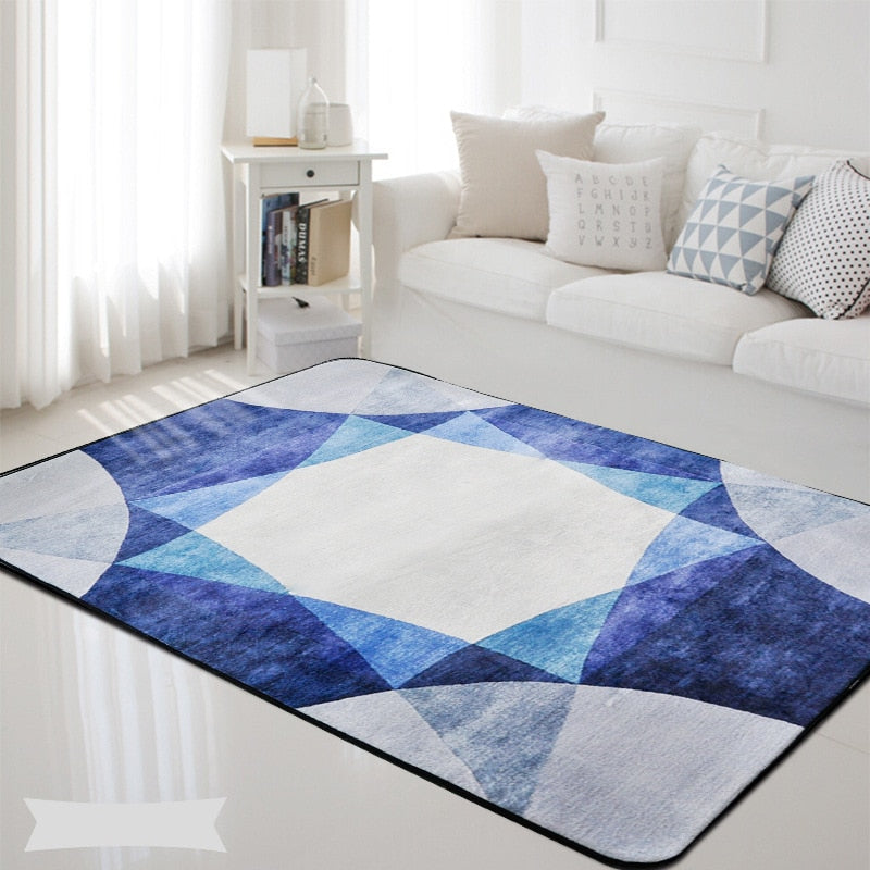 Geometric Nordic Blue Grey Printed Rectangle Non-Slip Rug