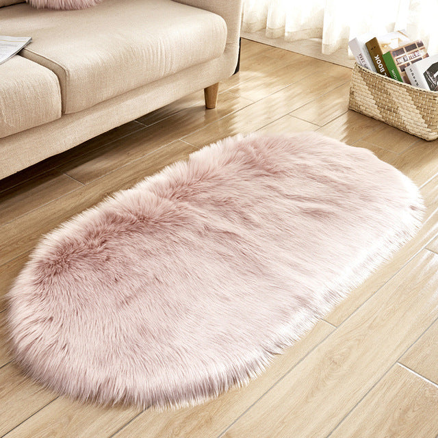 White Faux Fur Area Rug Large Oval Artificial Sheepskin Long Hair Rug