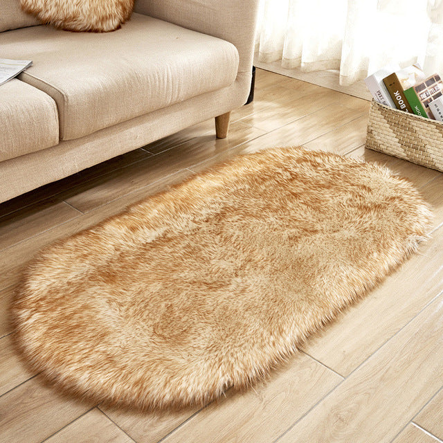 White Faux Fur Area Rug Large Oval Artificial Sheepskin Long Hair Rug