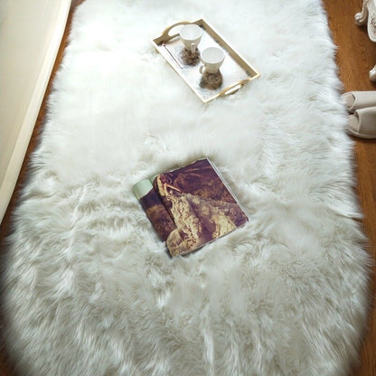 Oval Soft Fluffy Faux Sheepskin Fur Area Rug White Faux Bedside Rug