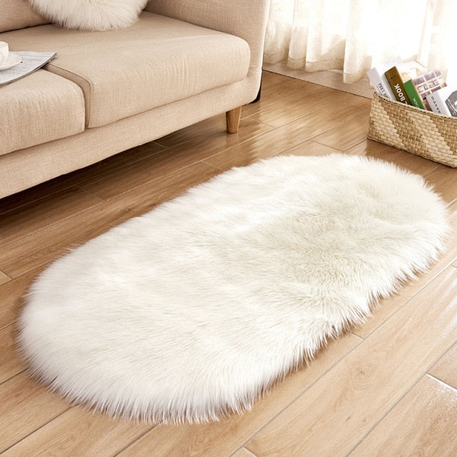 Oval Soft Fluffy Faux Sheepskin Fur Area Rug White Faux Bedside Rug