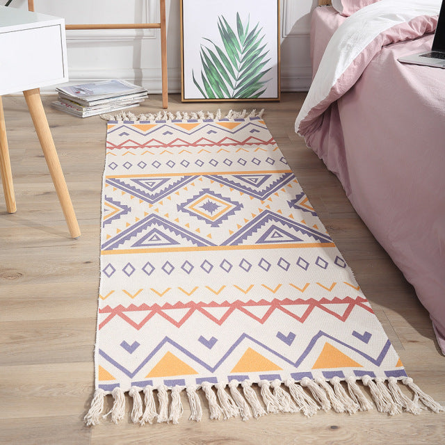 Luxury Bohemia Ethnic Style Cotton Linen Soft Rug Handmade Tassel Rug