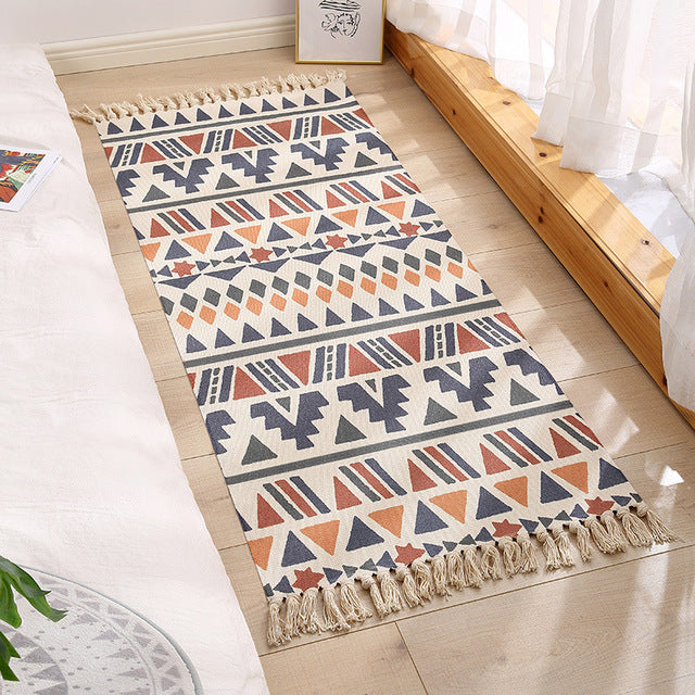 Luxury Bohemia Ethnic Style Cotton Linen Soft Rug Handmade Tassel Rug