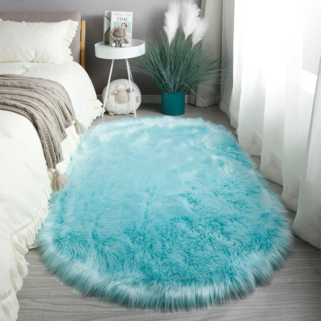 Oval Soft Fluffy Faux Sheepskin Fur Area Rug White Faux Bedside Rug